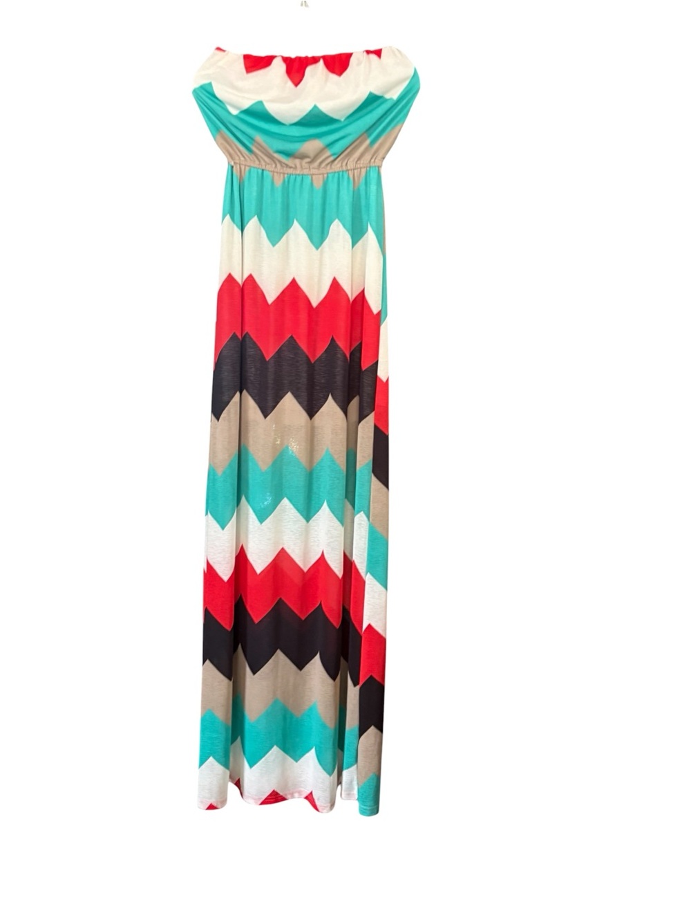 J for Justin Strapless Chevron Maxi Dress in Teal, Red, Black and Tan